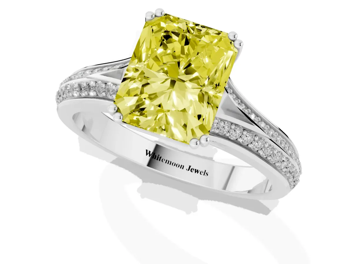 Fancy Yellow Radiant Cut Diamond Split Shank Engagement Ring with Pavé Band Platinum