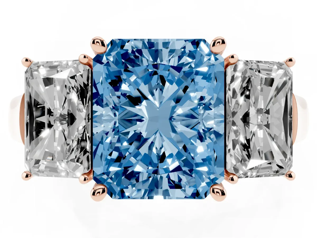 Fancy Blue Three-Stone Radiant Cut Brilliant Diamond Trellis Ring with Comfort Fit Band Rose gold