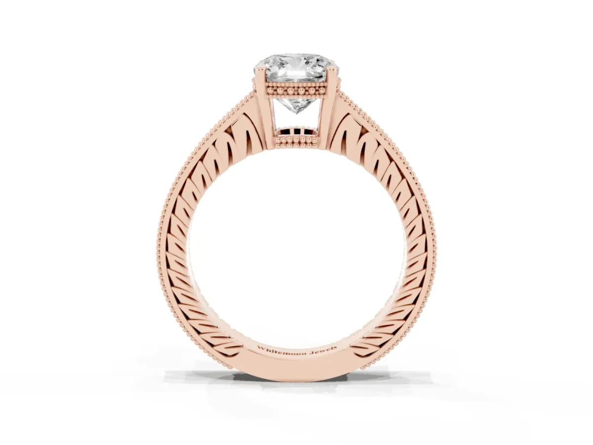 Cushion Cut Solitaire Pavé Diamond Milgrain Engagement Ring with Four-Prong Setting Rose gold