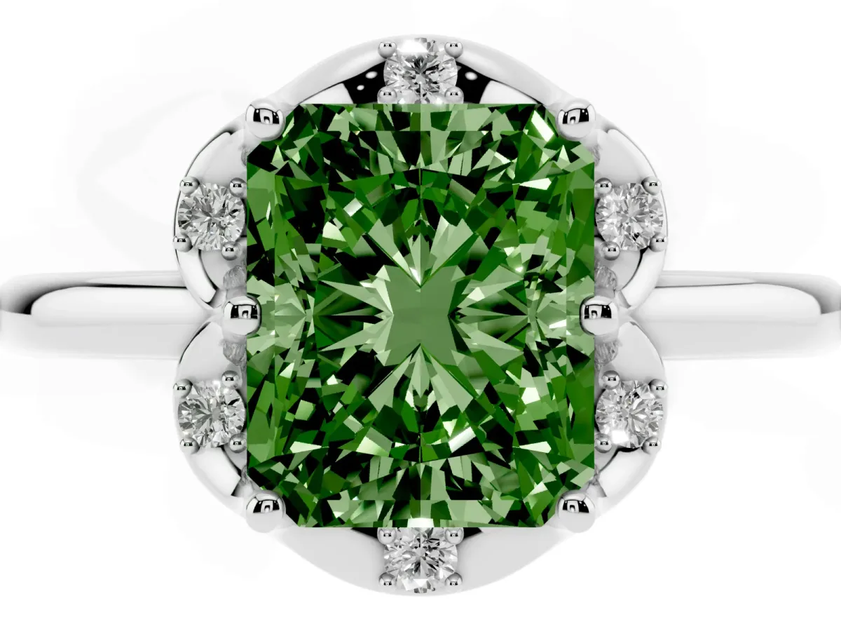 Fancy Green Radiant Cut Halo Diamond Ring with Round Cluster Setting, Solitaire Band, and Four-Prong Setting Silver