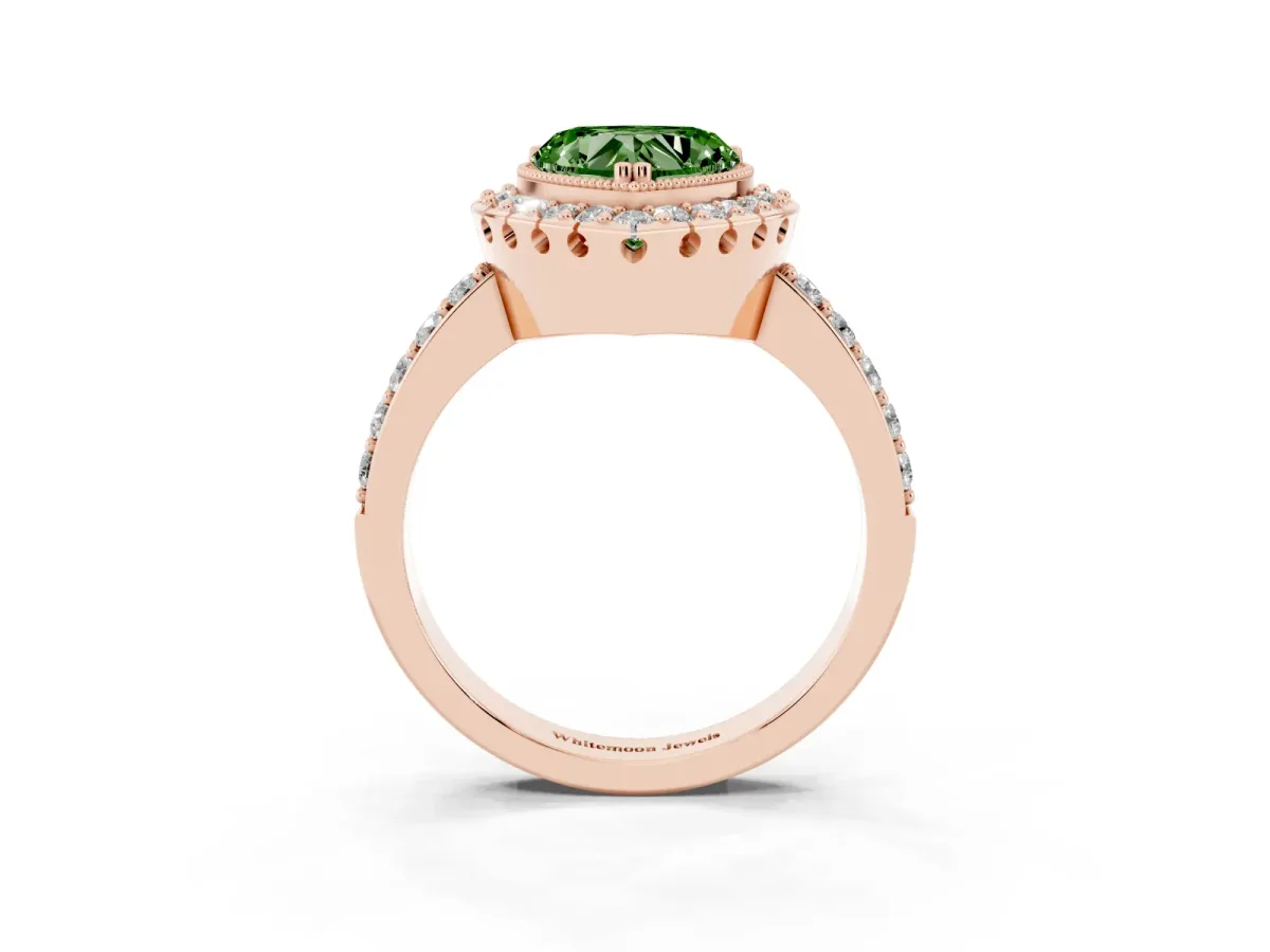 Fancy Green Heart Cut Diamond Halo Ring with Pavé Band and Prong Setting Rose gold
