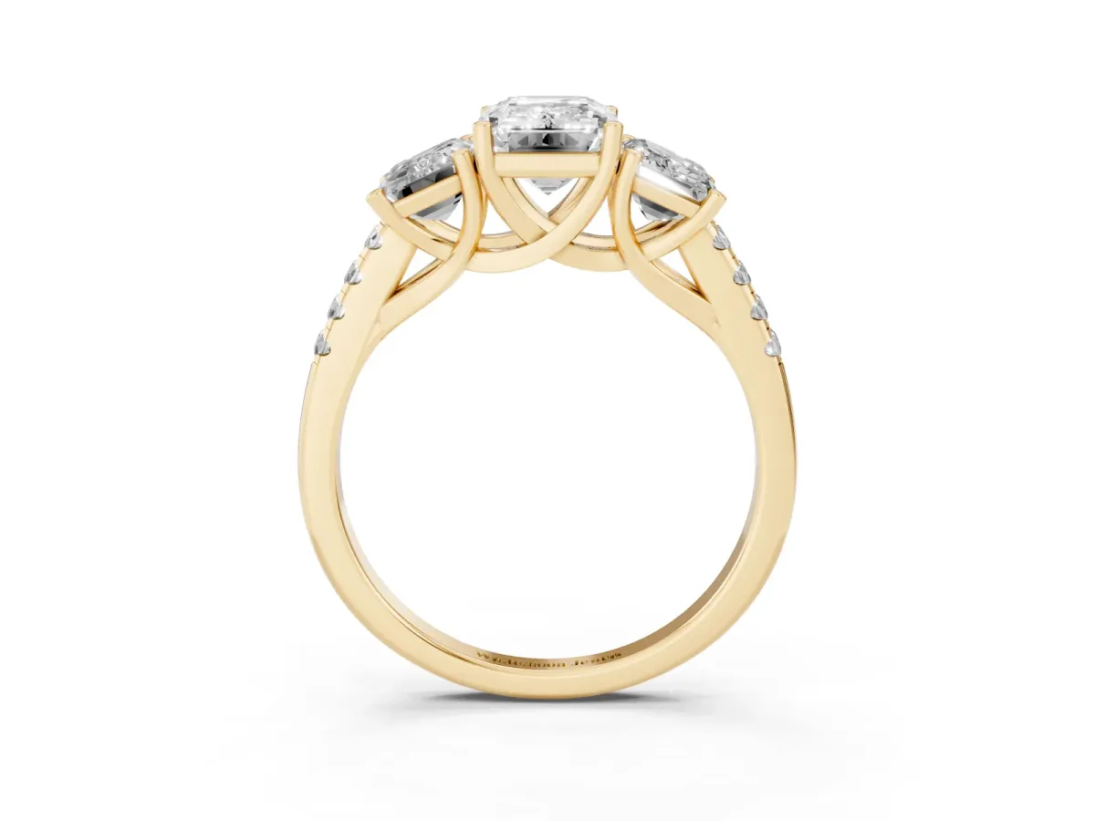 Three-Stone Emerald Cut Diamond Ring with Round Pavé Band and Prong Setting Yellow gold