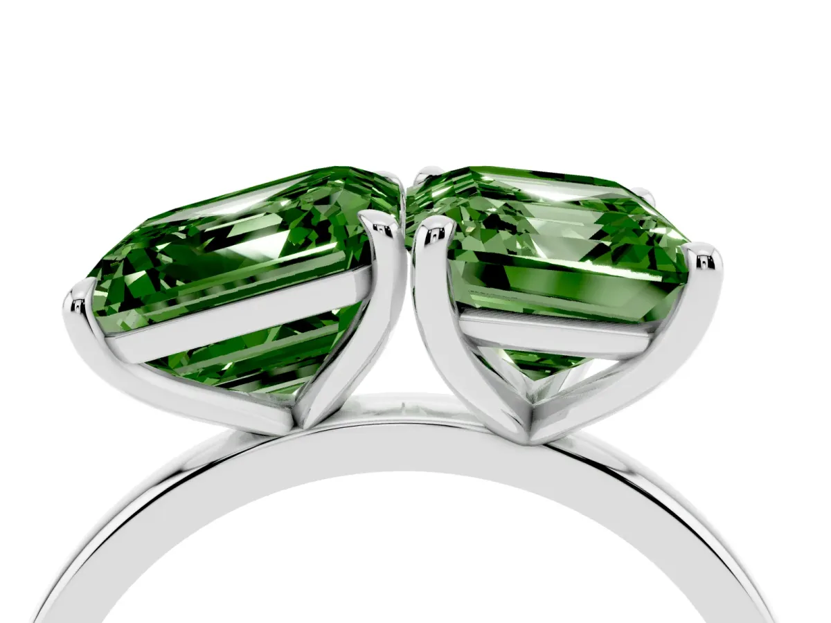 Fancy Green Asscher Cut and Emerald Cut Toi Moi Ring with Prong Setting Platinum