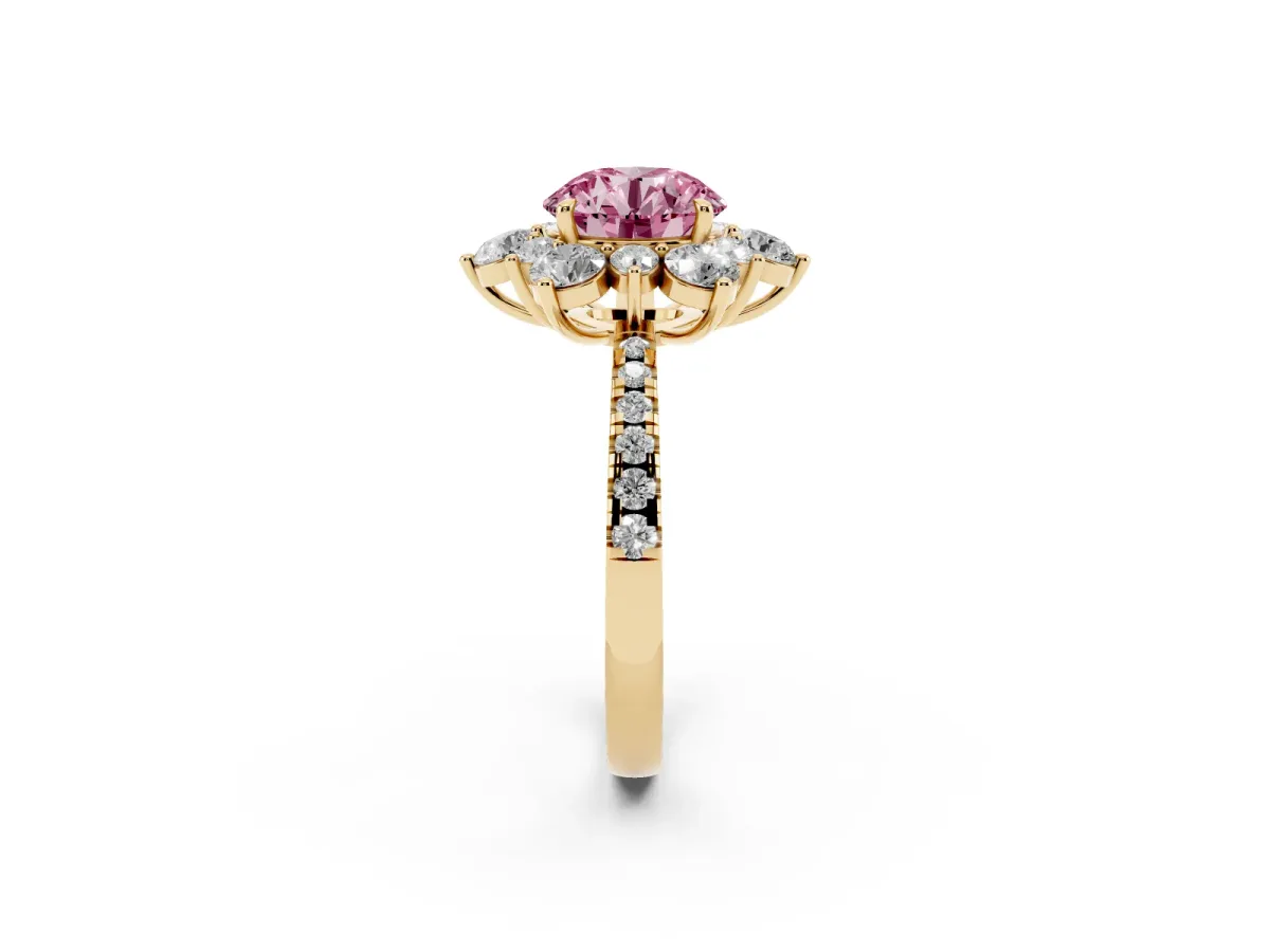 Fancy Pink Round Cut Diamond Floral Halo Ring with Round Pavé Band and Prong Setting Yellow gold