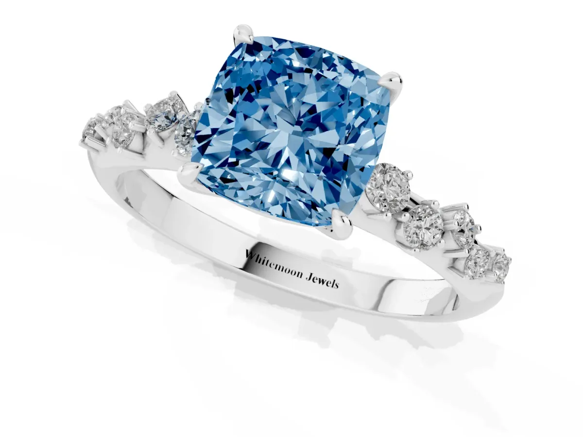 Fancy Blue Cushion Cut Diamond Cluster Side Stone Solitaire Ring with Prong Setting Silver