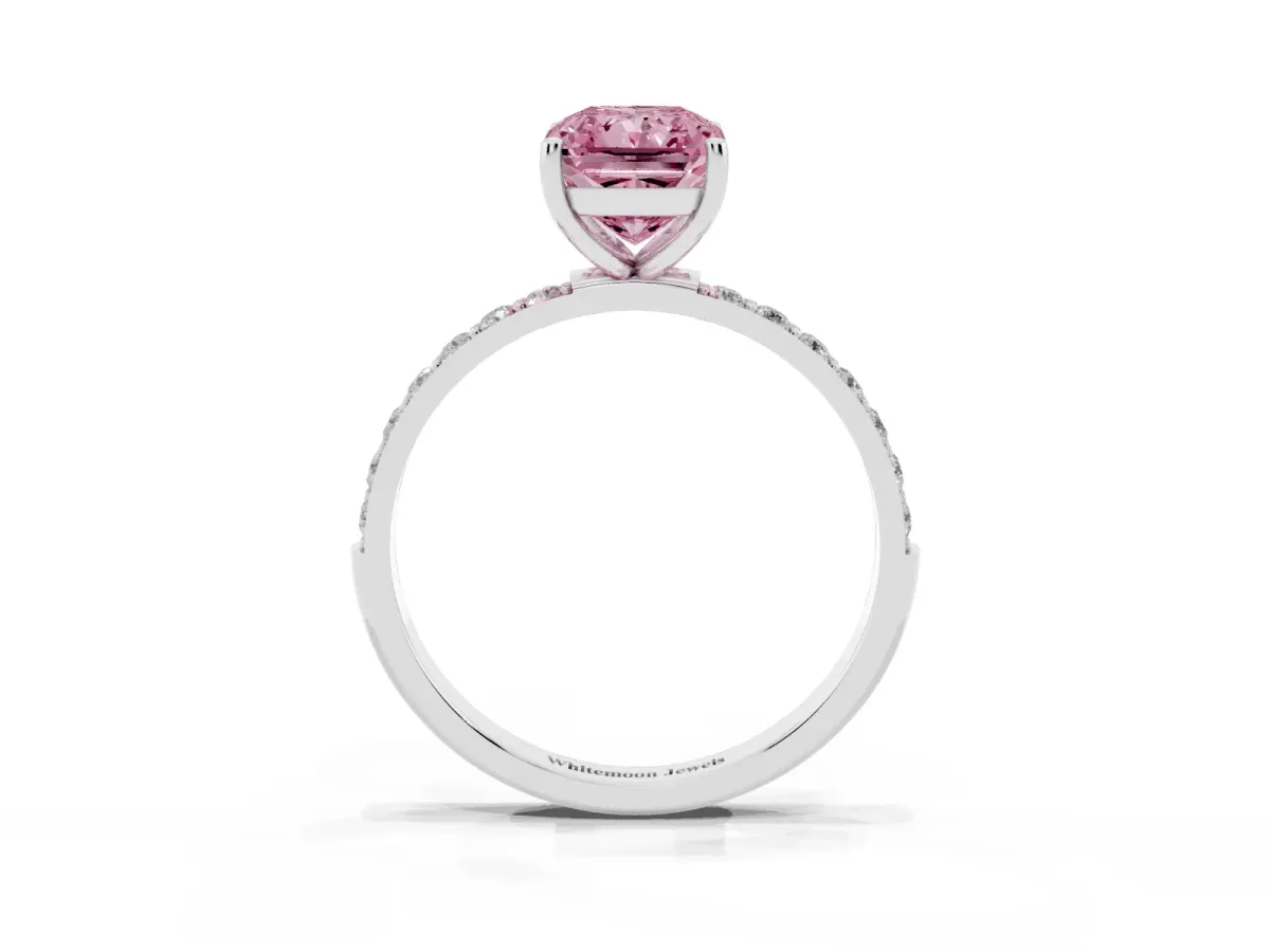 Fancy Pink Radiant Cut Diamond Solitaire Ring with Round Pavé Shoulders and Prong Setting Silver