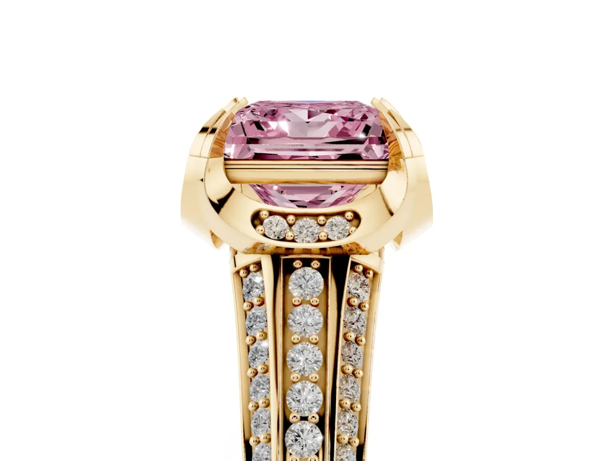 Fancy Pink Princess Cut Solitaire Pave Split Shank Ring with Four-Prong Setting Yellow gold