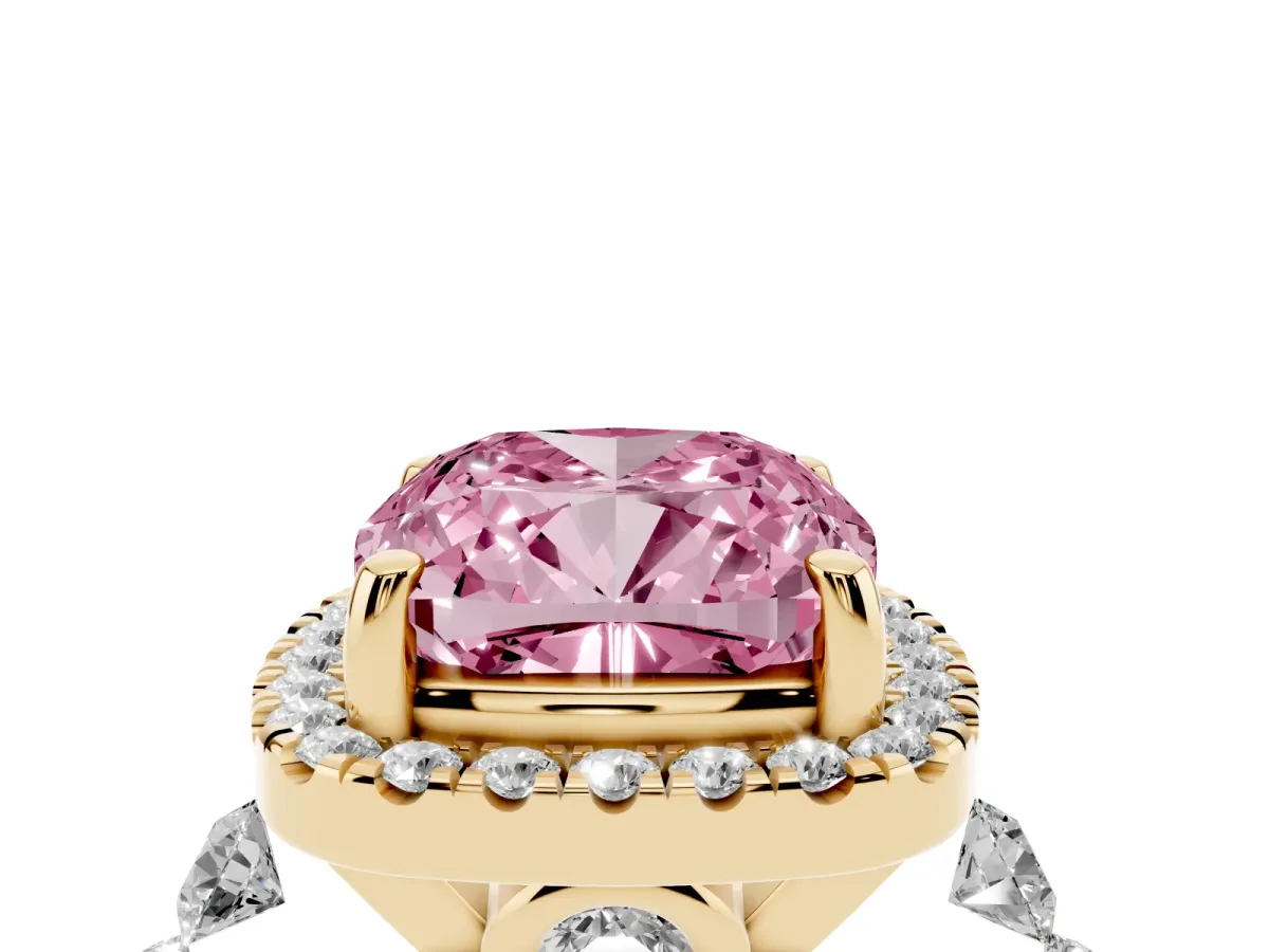 Fancy Pink Cushion Cut Halo Pavé Diamond Engagement Ring with Four-Prong Setting Yellow gold