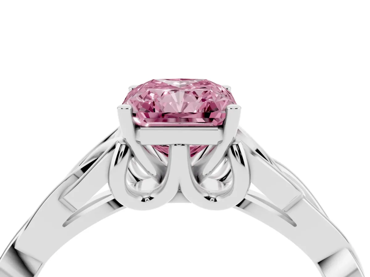 Fancy Pink Radiant Cut Diamond Solitaire Engagement Ring with Celtic Knot Band and Four-Prong Setting Silver