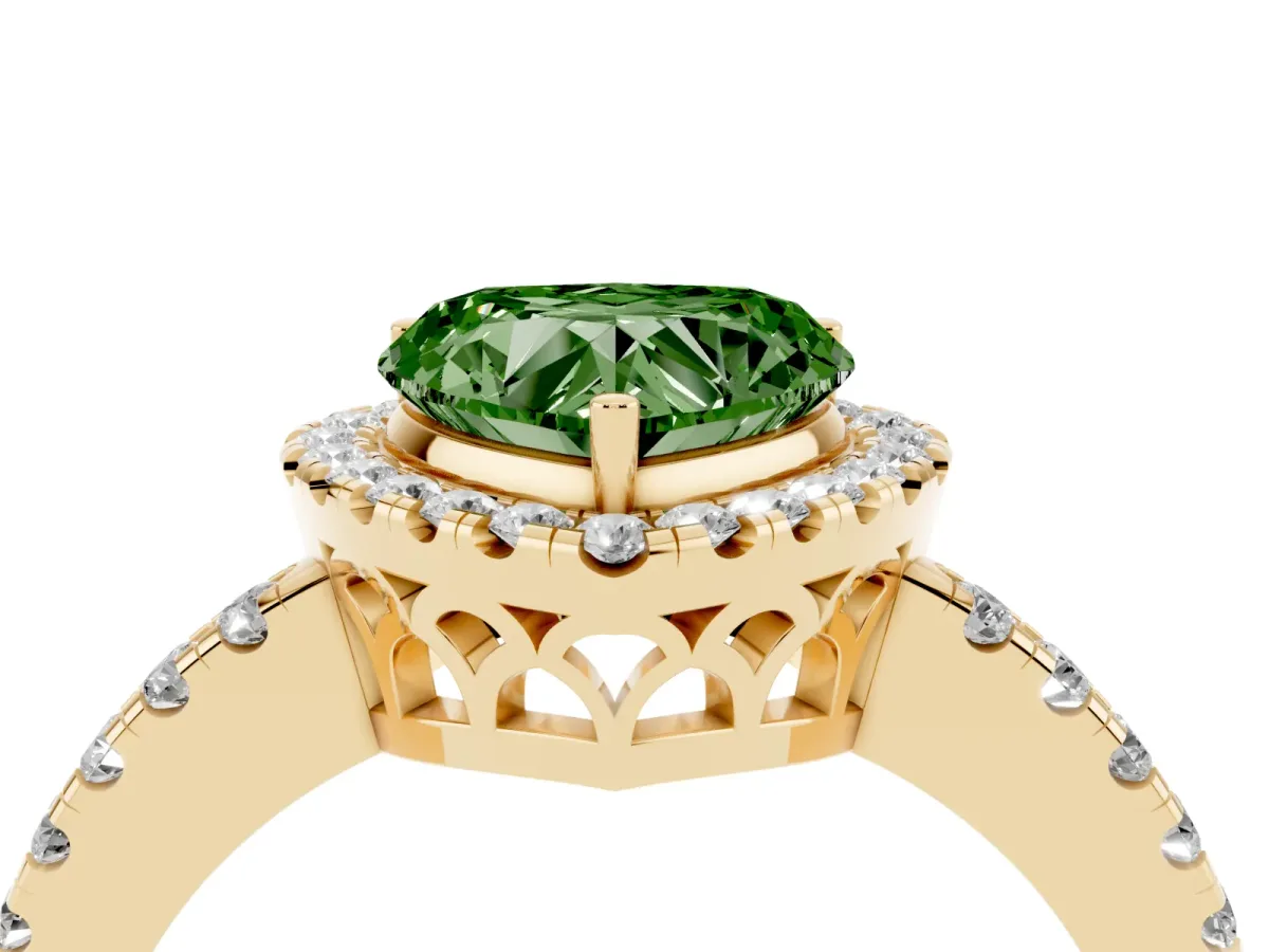 Fancy Green Heart Cut Halo Diamond Engagement Ring with Pavé Band and Four-Prong Setting Yellow gold