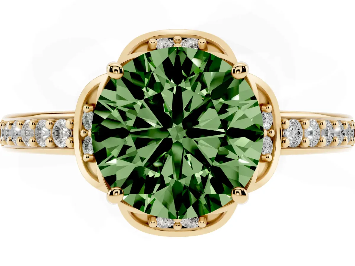 Fancy Green Round Cut Cut Halo Diamond Ring with Channel Set Band and Four-Prong Setting Yellow gold