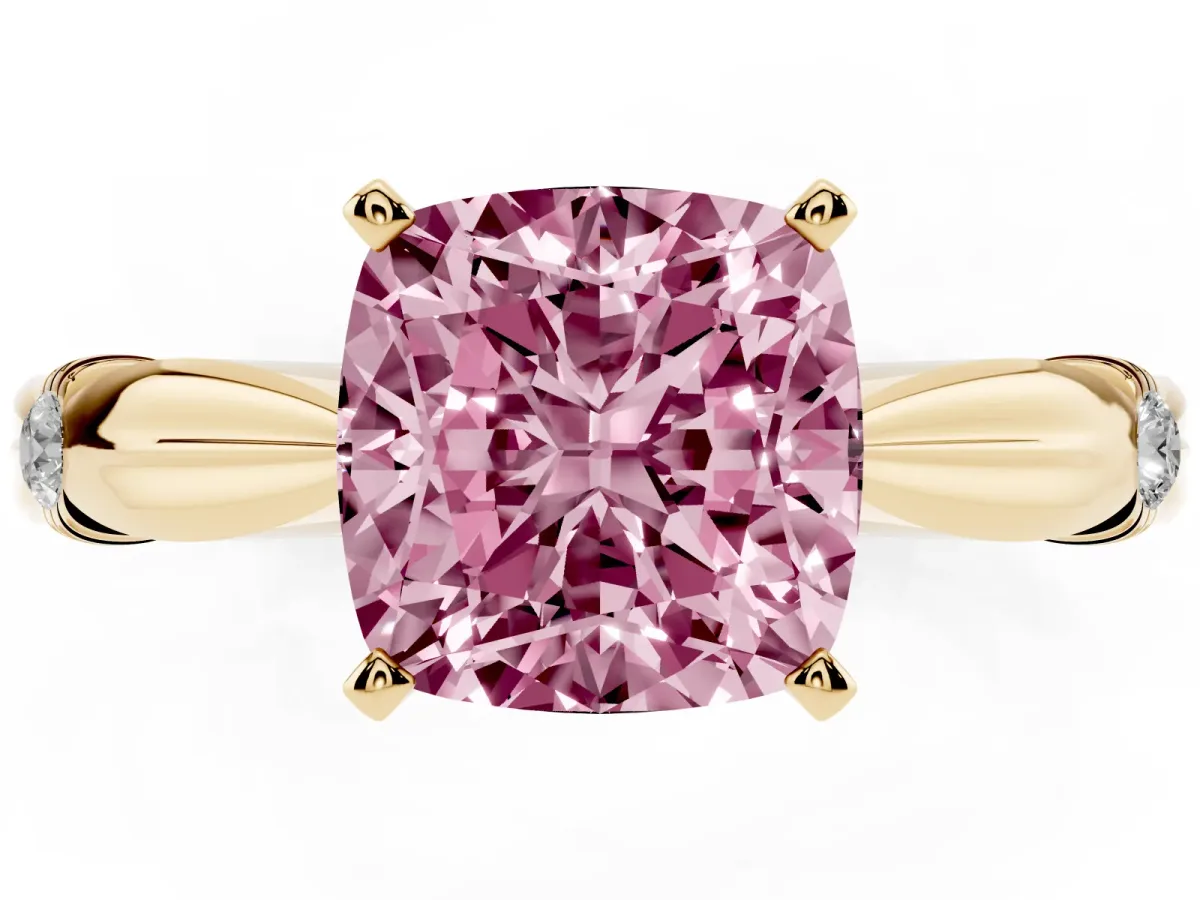 Fancy Pink Cushion Cut Solitaire Diamond Twisted Band with Four-Prong Setting Yellow gold