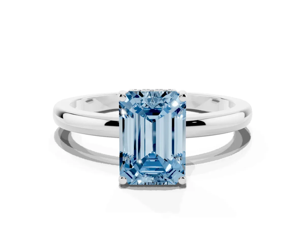 Fancy Blue Emerald Cut Solitaire Diamond Ring with Prong Setting and Plain Band Silver