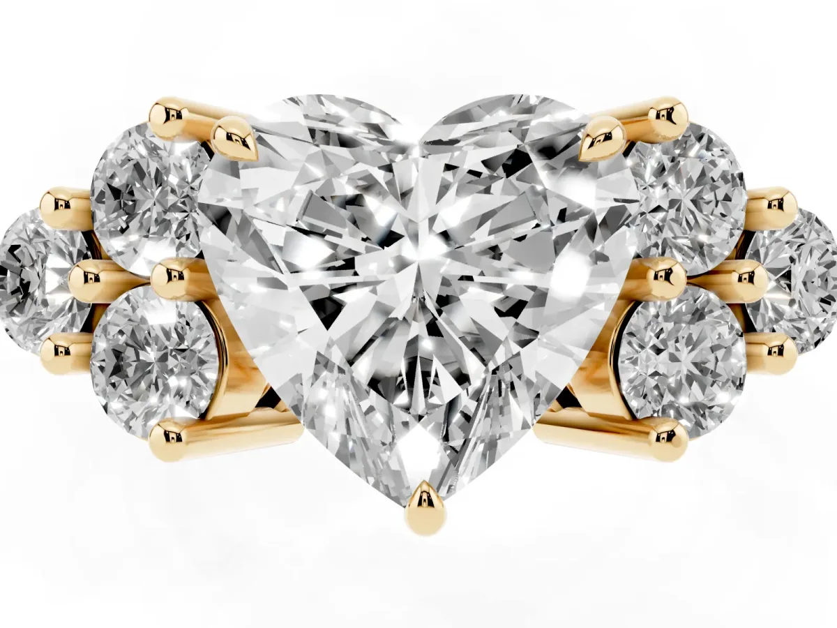 Heart Cut Brilliant Diamond Cluster Accent Solitaire Ring with Prong Setting Yellow gold