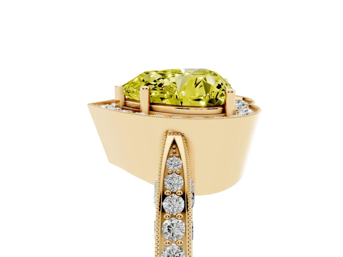 Fancy Yellow Heart Cut Halo Diamond Engagement Ring with Split Shank Band and Four-Prong Setting Yellow gold