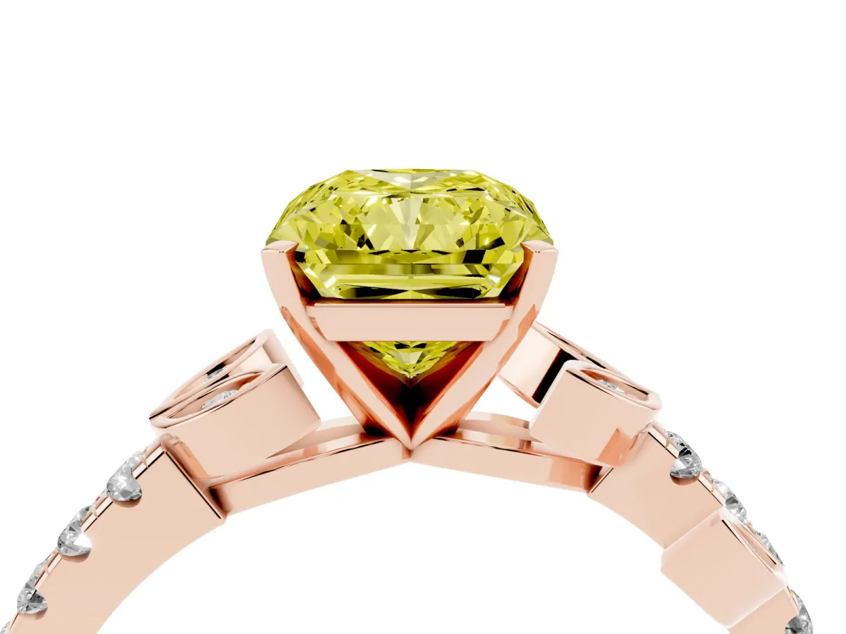 Fancy Yellow Radiant Cut Solitaire Leaf-Inspired Diamond Ring with Pavé Band and Four-Prong Setting Rose gold