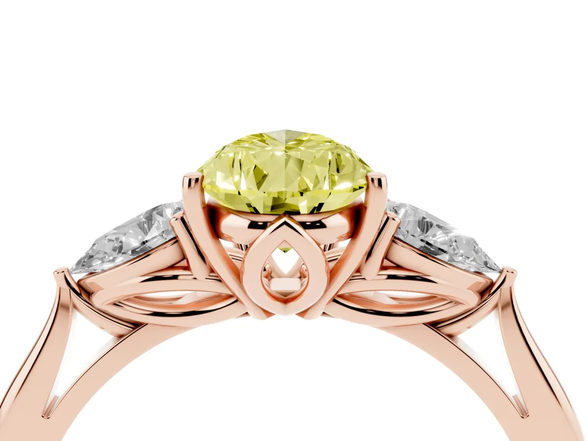 Fancy Yellow Three-Stone Pear Cut Diamond Ring with Pear Side Stones in Four-Prong Setting Rose gold