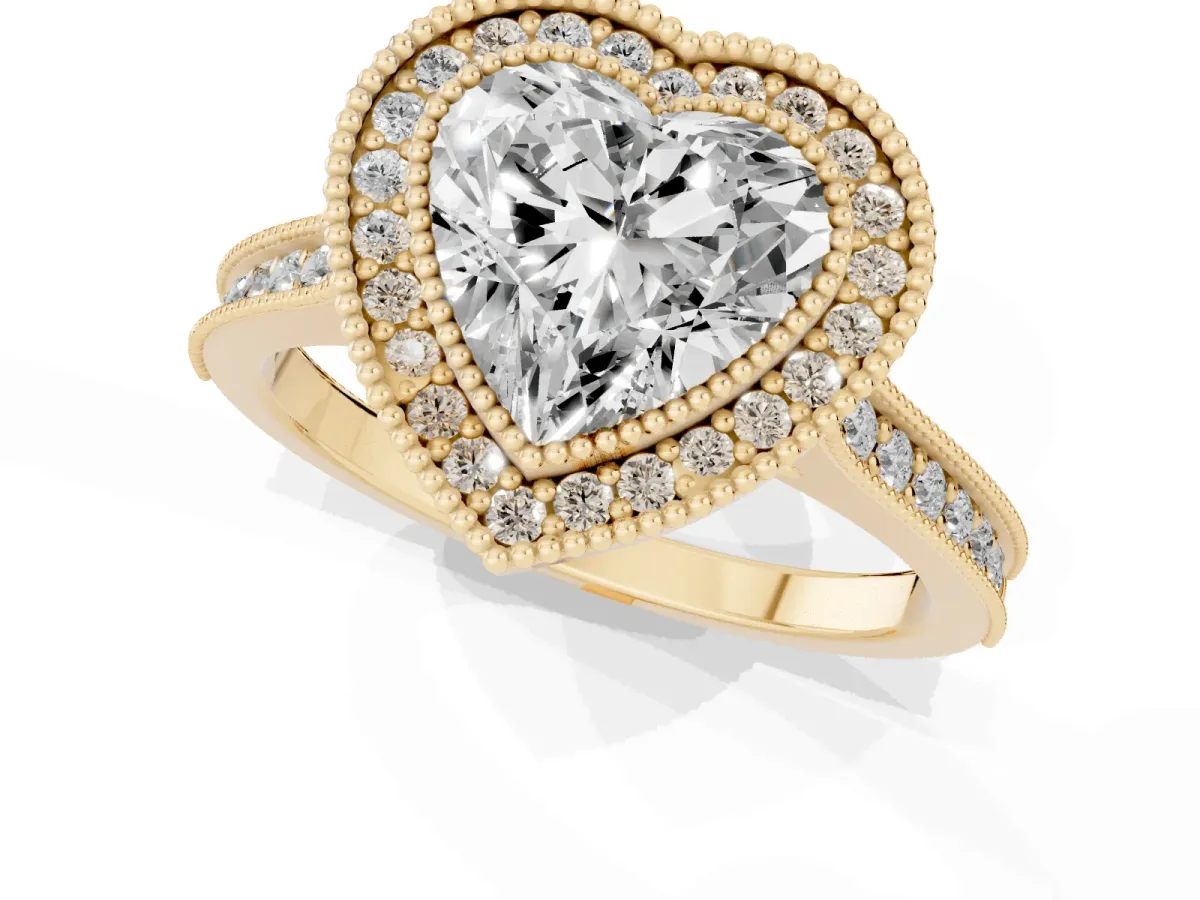 Halo Heart Cut-Cut Diamond Pave Band Milgrain Prong Setting Ring Yellow gold
