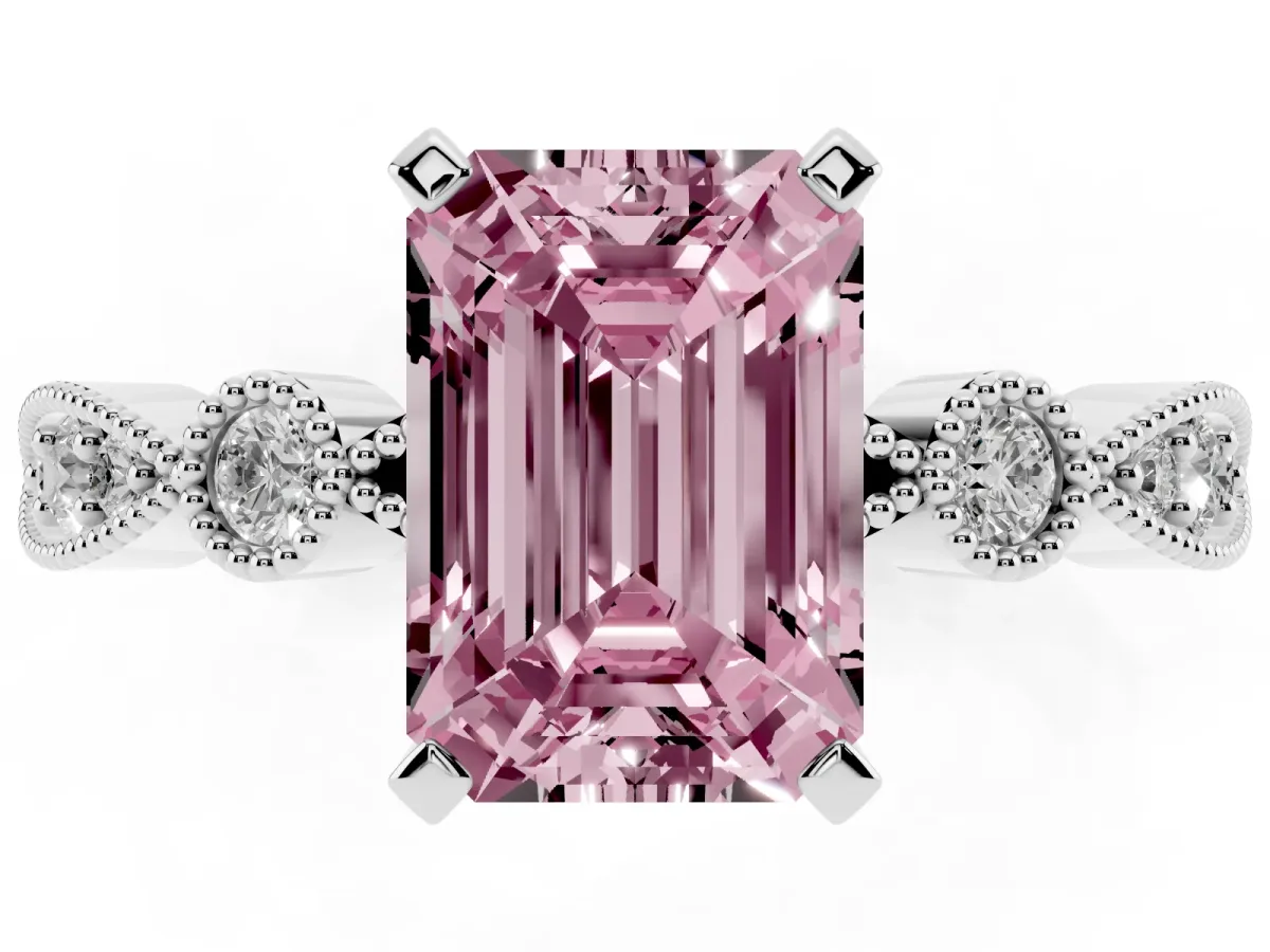 Fancy Pink Emerald Cut Milgrain Bezel Diamond Engagement Ring with Solitaire Prong Setting White gold