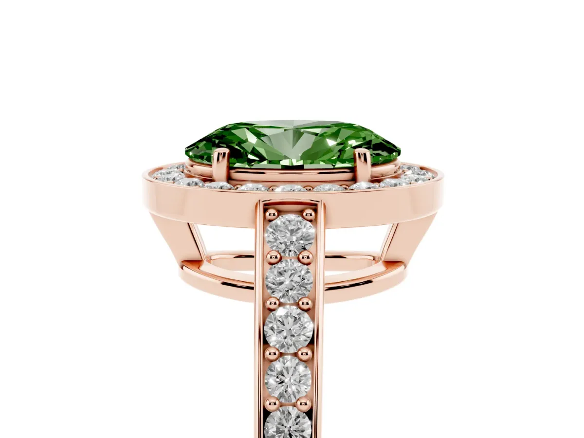 Fancy Green Oval Cut Halo Pavé Diamond Engagement Ring with Bezel Setting Rose gold