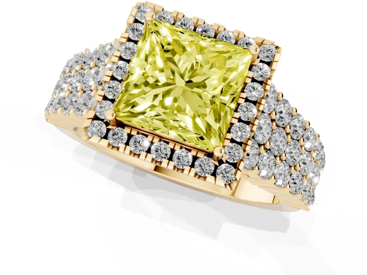 Fancy Yellow Princess Cut Diamond Halo Engagement Ring with Triple Row Round Pavé Band and Prong Setting Yellow gold