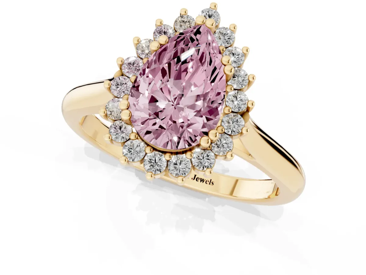 Fancy Pink Pear Cut Cut Diamond Halo Ring with Solitaire Band and Prong Setting Yellow gold