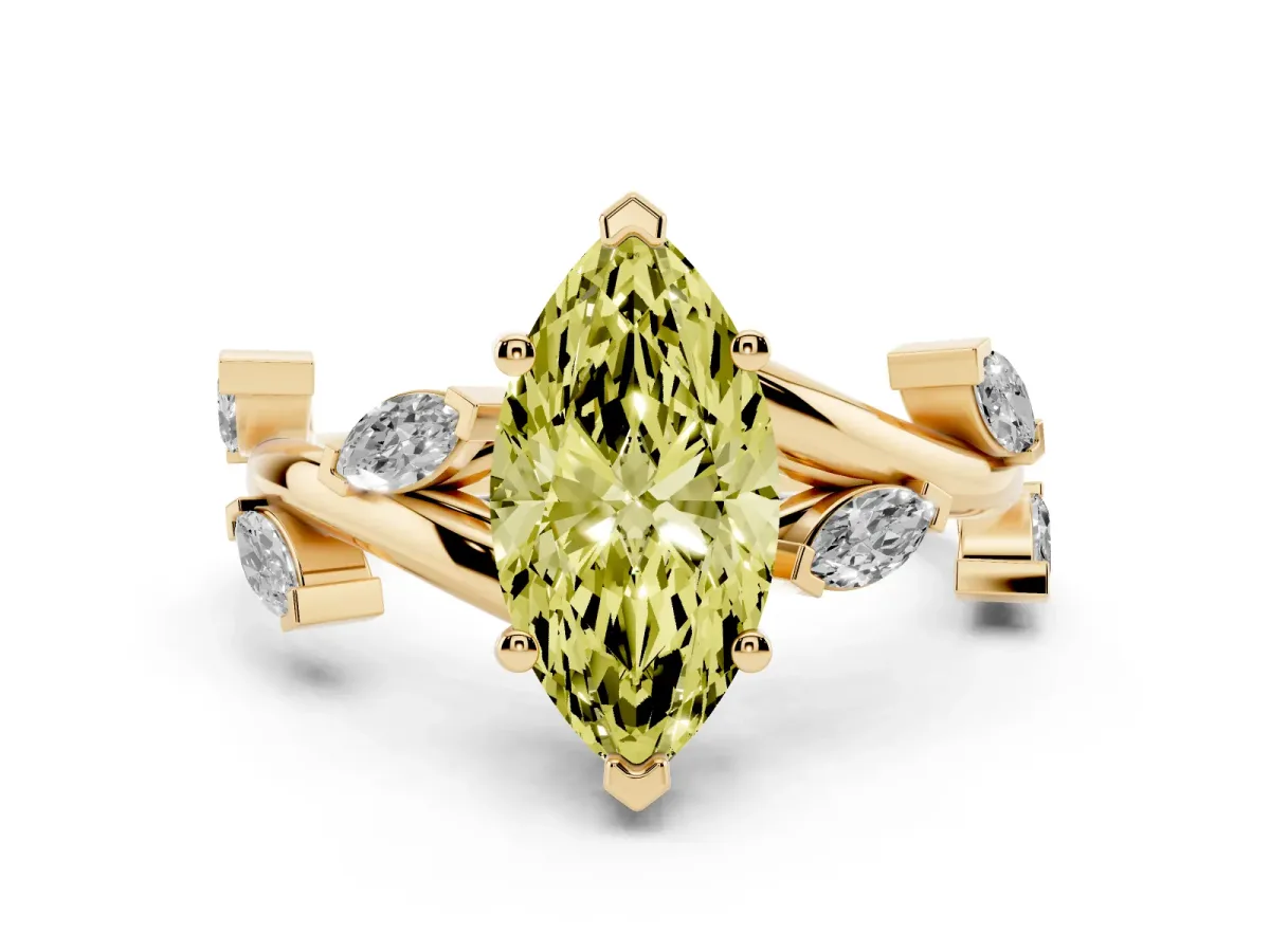 Fancy Yellow Marquise Cut Solitaire Twisted Band Marquise Accent Prong Setting Ring Yellow gold