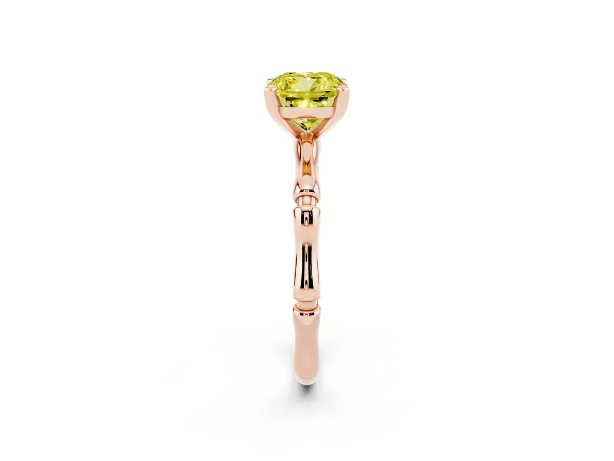Fancy Yellow Cushion Cut Solitaire Diamond Ring with Bamboo Band and Four-Prong Setting Rose gold