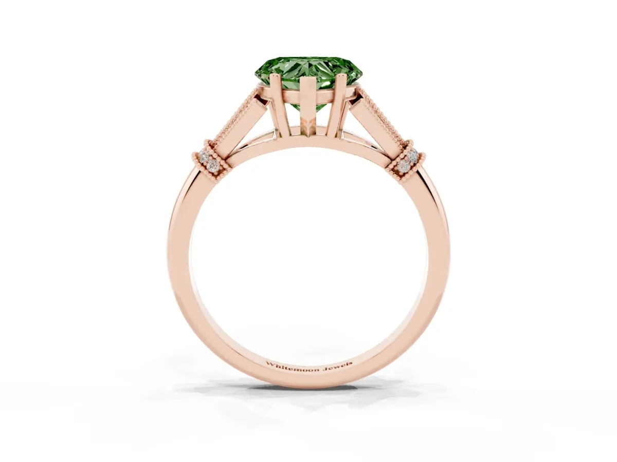 Fancy Green Heart Cut Diamond Solitaire Ring with Floral Filigree and Pave Accents Rose gold