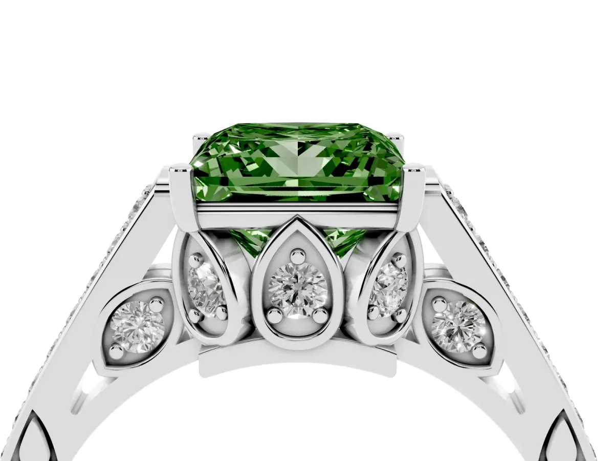 Fancy Green Princess Cut Cut Cathedral Pave Diamond Engagement Ring with Six-Prong Setting Silver