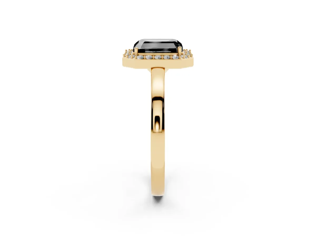 Fancy Black Radiant Cut Halo Diamond Ring with Solitaire Band and Prong Setting Yellow gold