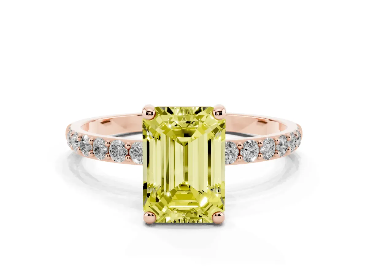 Fancy Yellow Emerald Cut Diamond Solitaire Ring with Round Pavé Band and Prong Setting Rose gold