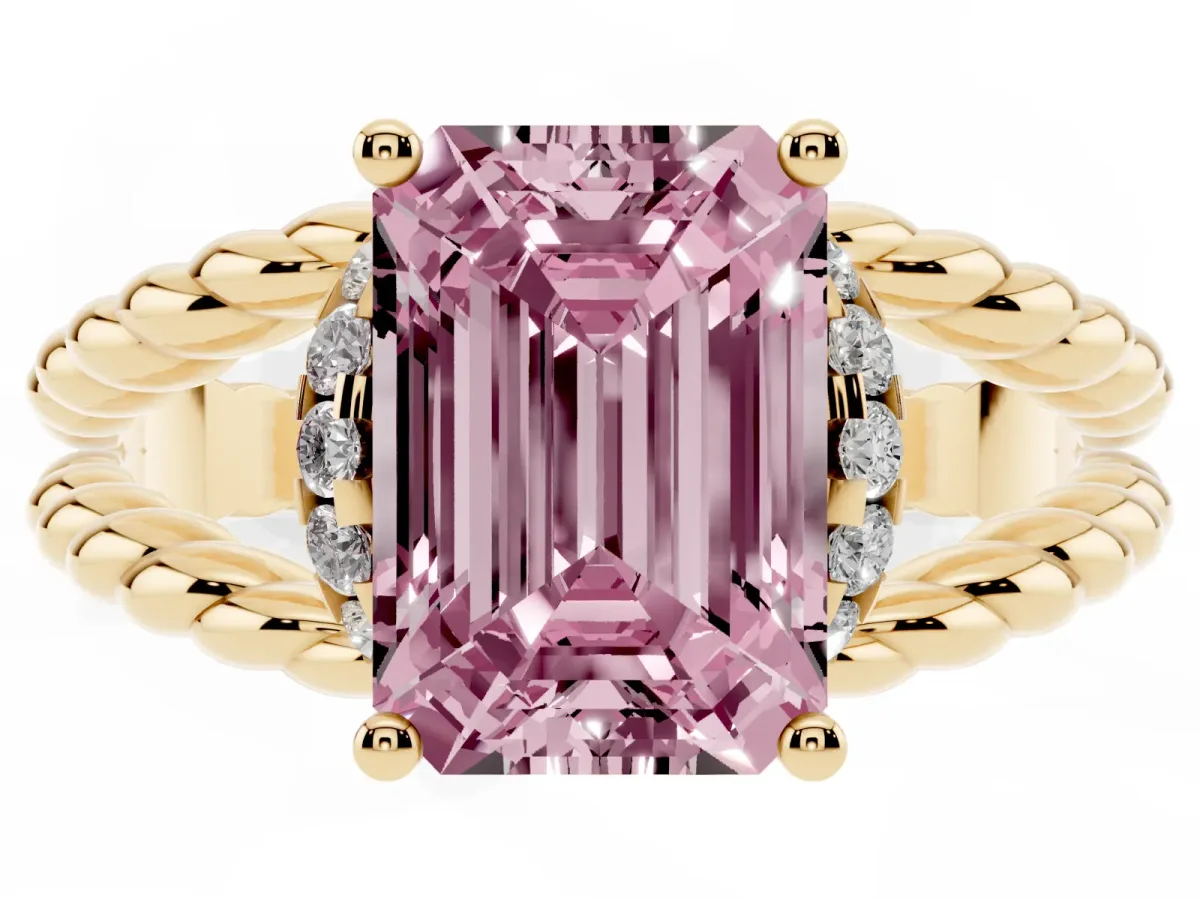 Fancy Pink Emerald Cut Halo Twisted Band Four-Prong Ring Yellow gold