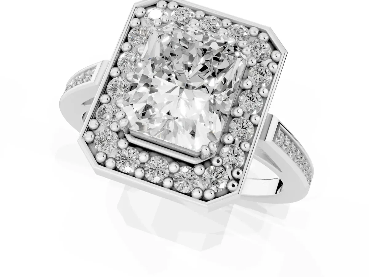 Radiant Cut Diamond Halo Ring with Split Shank and Four-Prong Setting Silver