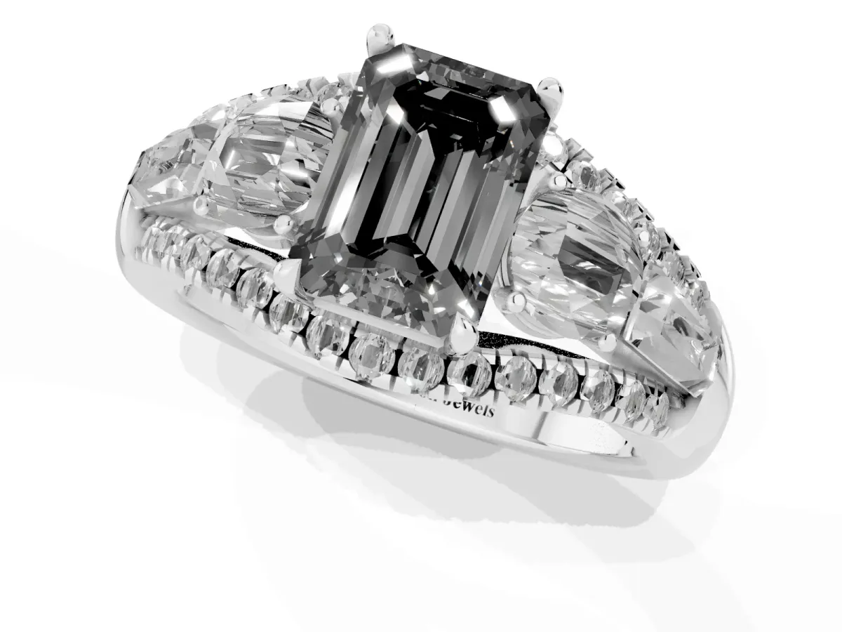 Fancy Black Three-Stone Emerald Cut Diamond Engagement Ring with Pave Band and Prong Setting Silver