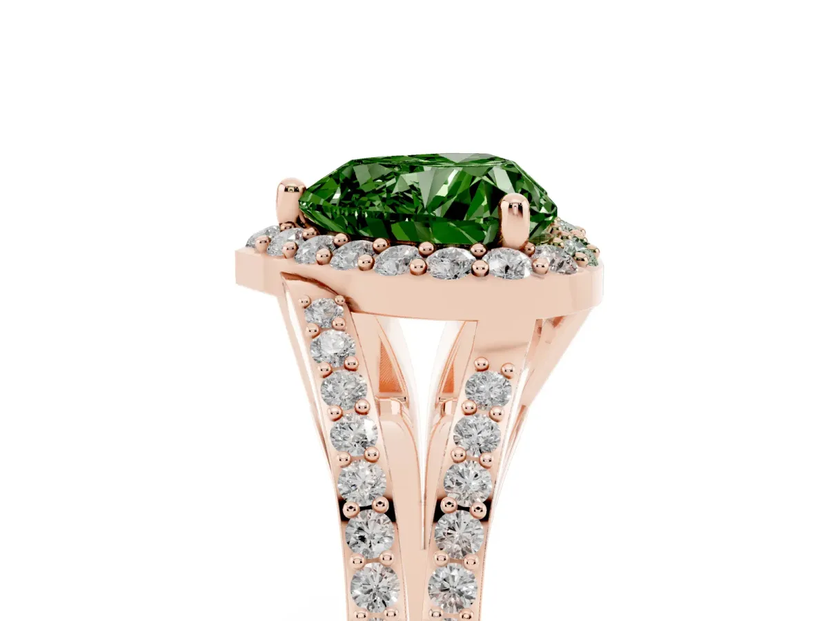 Fancy Green Heart Cut Halo Split Shank Diamond Ring with Prong Setting Rose gold