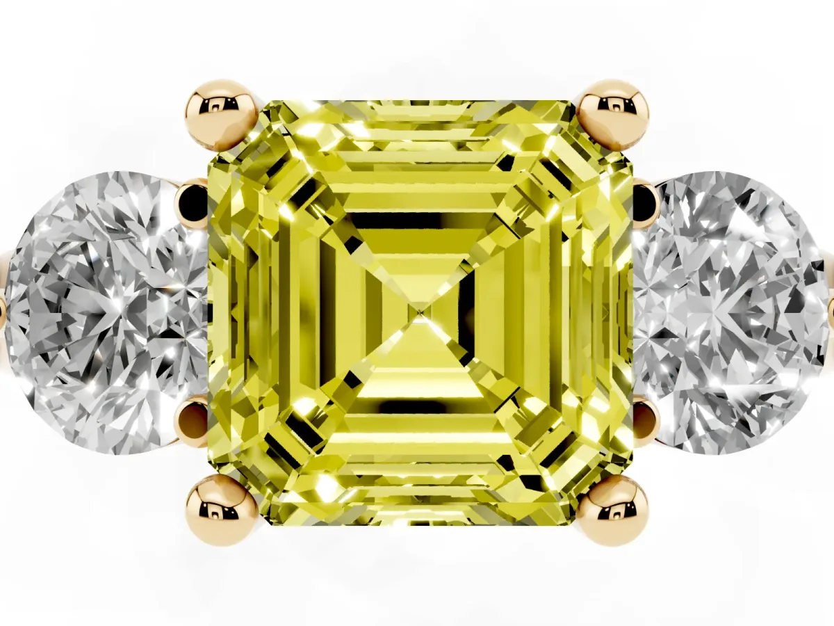 Fancy Yellow Three-Stone Asscher Cut Brilliant Cut Solitaire Ring with Prong Setting on a Classic Band Yellow gold
