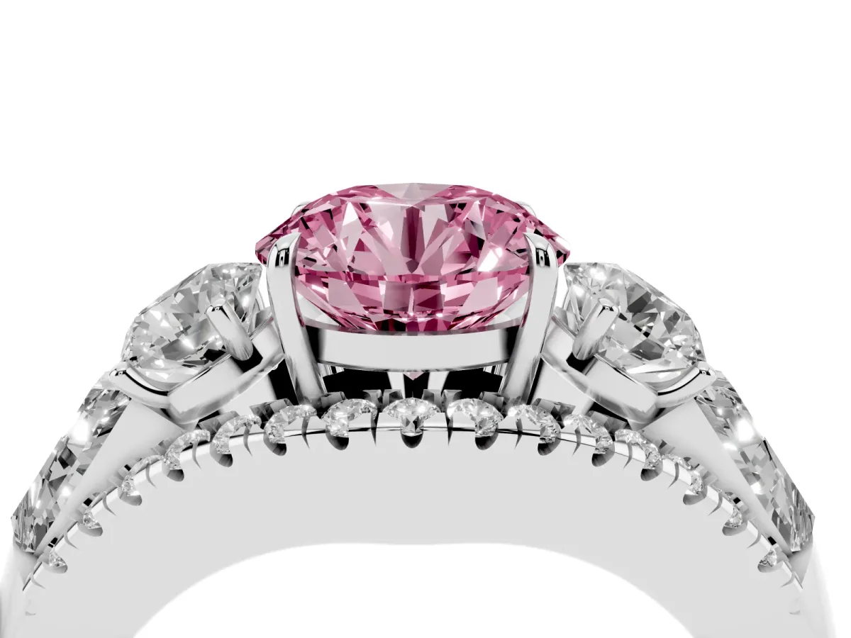 Fancy Pink Three-Stone Round Cut Diamond Engagement Ring with Pave Band and Prong Setting Silver