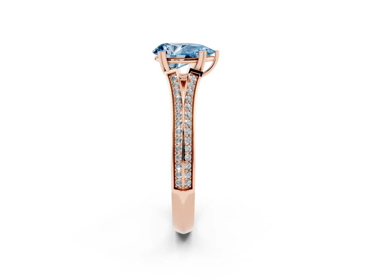 Fancy Blue Pear Cut Diamond Split Shank Engagement Ring with Pavé Band Rose gold