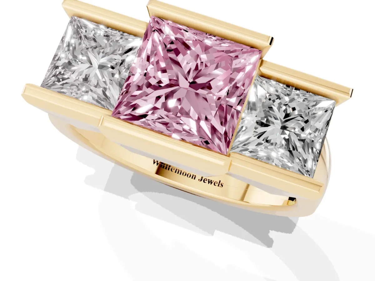 Fancy Pink Three Stone Princess Cut Cut Channel Set Diamond Ring Yellow gold