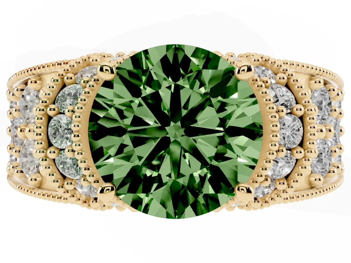 Fancy Green Round Cut Halo Pave Diamond Engagement Ring with Milgrain Detailing Yellow gold