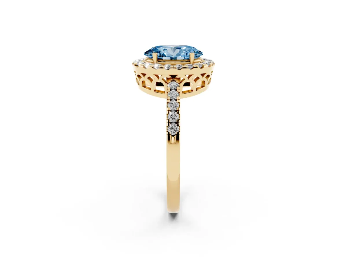 Fancy Blue Oval Cut Halo Diamond Engagement Ring with Pavé Band and Four-Prong Setting Yellow gold
