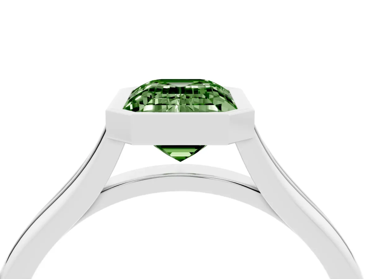 Fancy Green Bezel Set Emerald Cut Cut Solitaire Ring with Tapered Band Silver