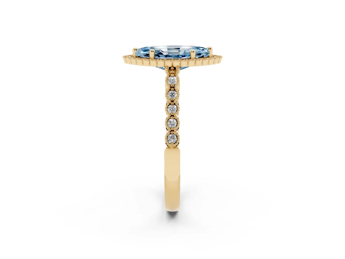 Fancy Blue Marquise Cut Cut Halo Pavé Solitaire Ring with Milgrain Band Yellow gold