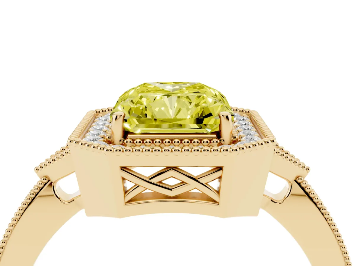 Fancy Yellow Radiant Cut Halo Round Diamond Milgrain Pave Engagement Ring Yellow gold