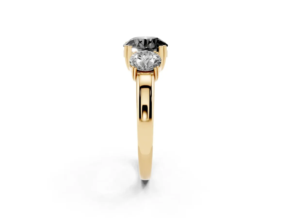 Fancy Black Three-Stone Round Cut Cut Diamond Ring with Channel Set Band and Four-Prong Setting Yellow gold