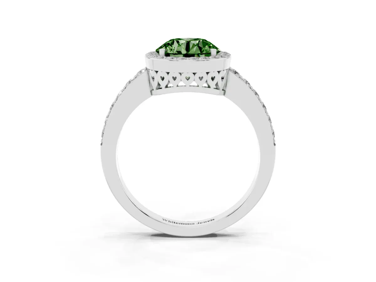 Fancy Green Round Cut Halo Diamond Pavé Band Ring with Prong Setting Silver