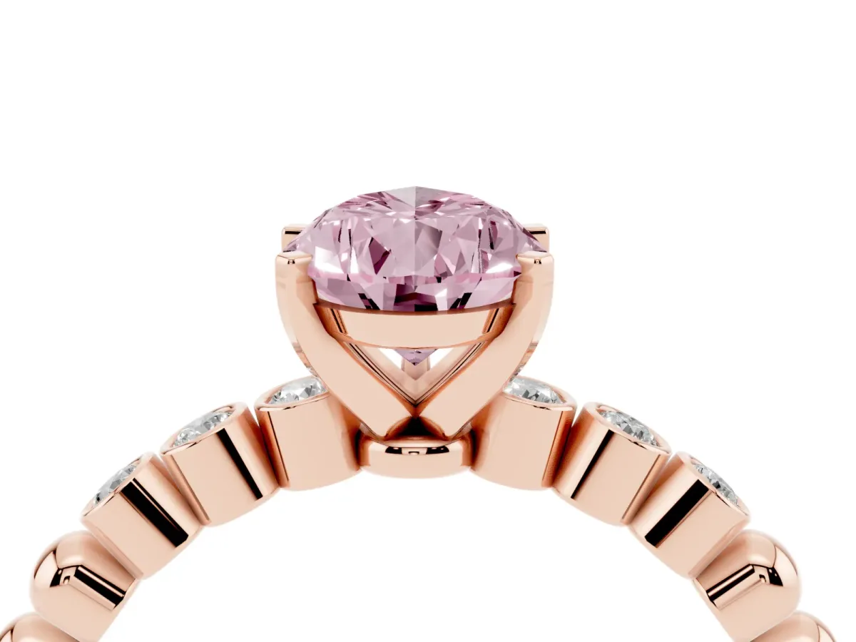 Fancy Pink Pear Cut Solitaire Bezel Accent Diamond Engagement Ring with Beaded Band and Four-Prong Setting Rose gold