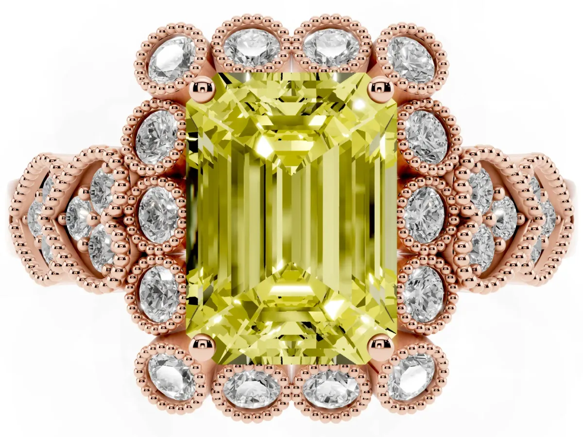 Fancy Yellow Emerald Cut Brilliant Milgrain Pave Heart Band Solitaire Ring Rose gold