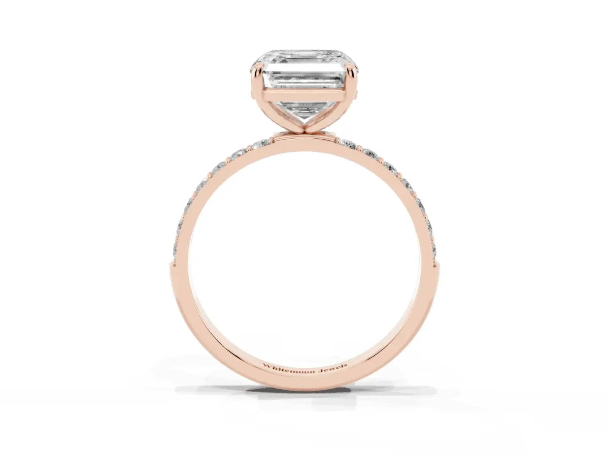 Asscher Cut Diamond Solitaire Ring with Round Pavé Band and Prong Setting Rose gold